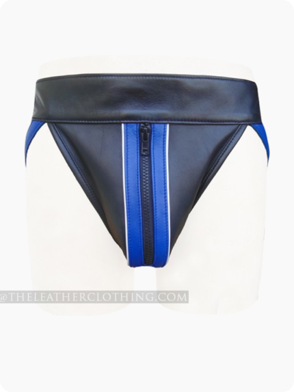 Custm Made Black Leather Jock Strap With Blue Stripe With Piping