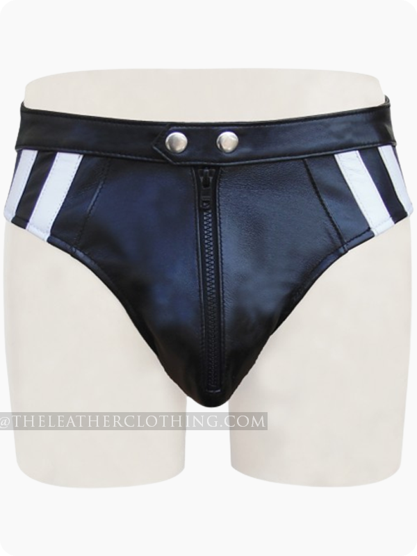 Custom Made Black Leather Brief With White Stripes On Front And Elastic ...