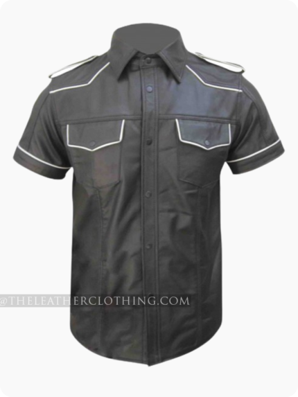 Custom Made Black Leather Shirt With White Piping