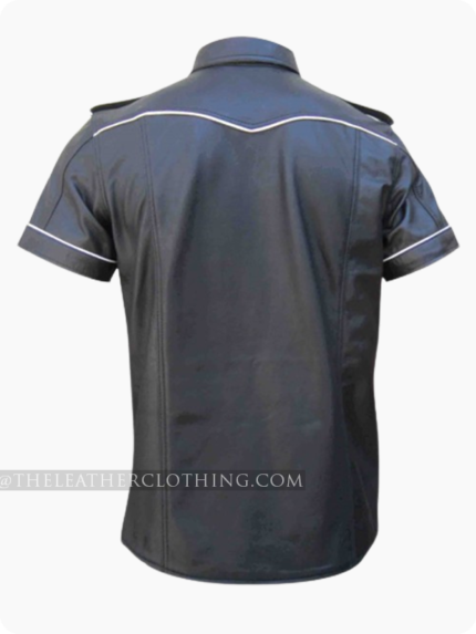 Custom Made Black Leather Shirt With White Piping