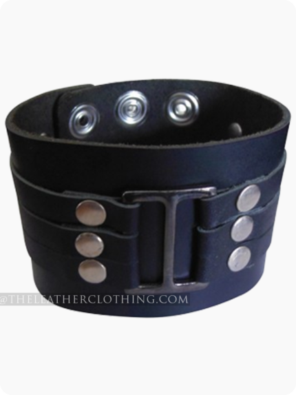 Custom Made Black Leather Wristband With Buckle Rivets