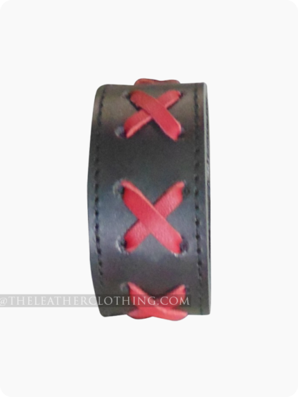 Custom Made Black Leather Wristband With Red Leather Rope Cross Style