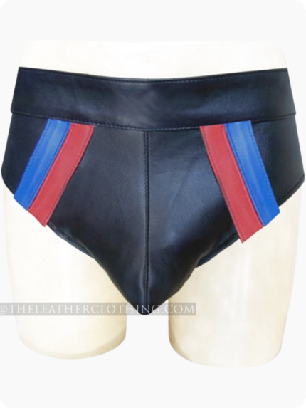 Custom Made Black leather Briefs With Color Stripes And Elastic On back For Adjustments