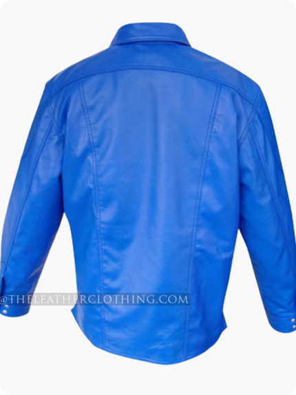 Custom Made Blue Leather Shirt With Two Flap Pocket